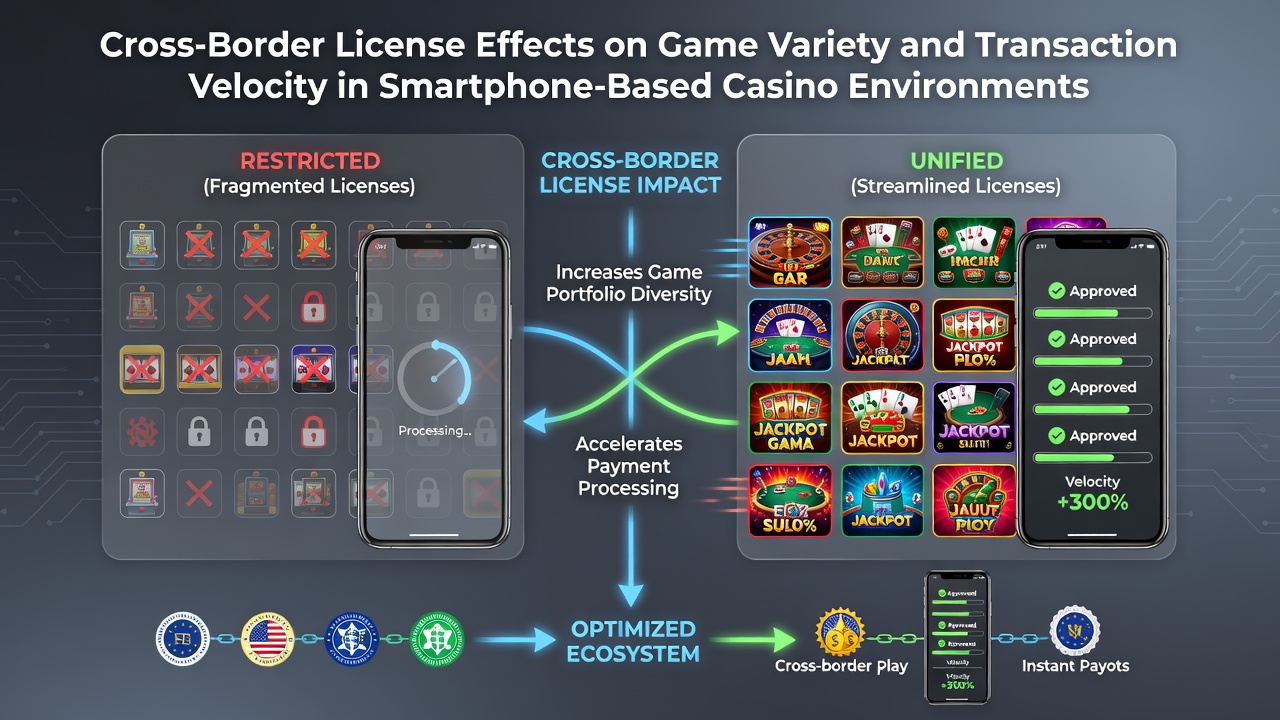 Smartphone mit Casino-Apps und Lizenzsymbolen vor internationaler Landkarte