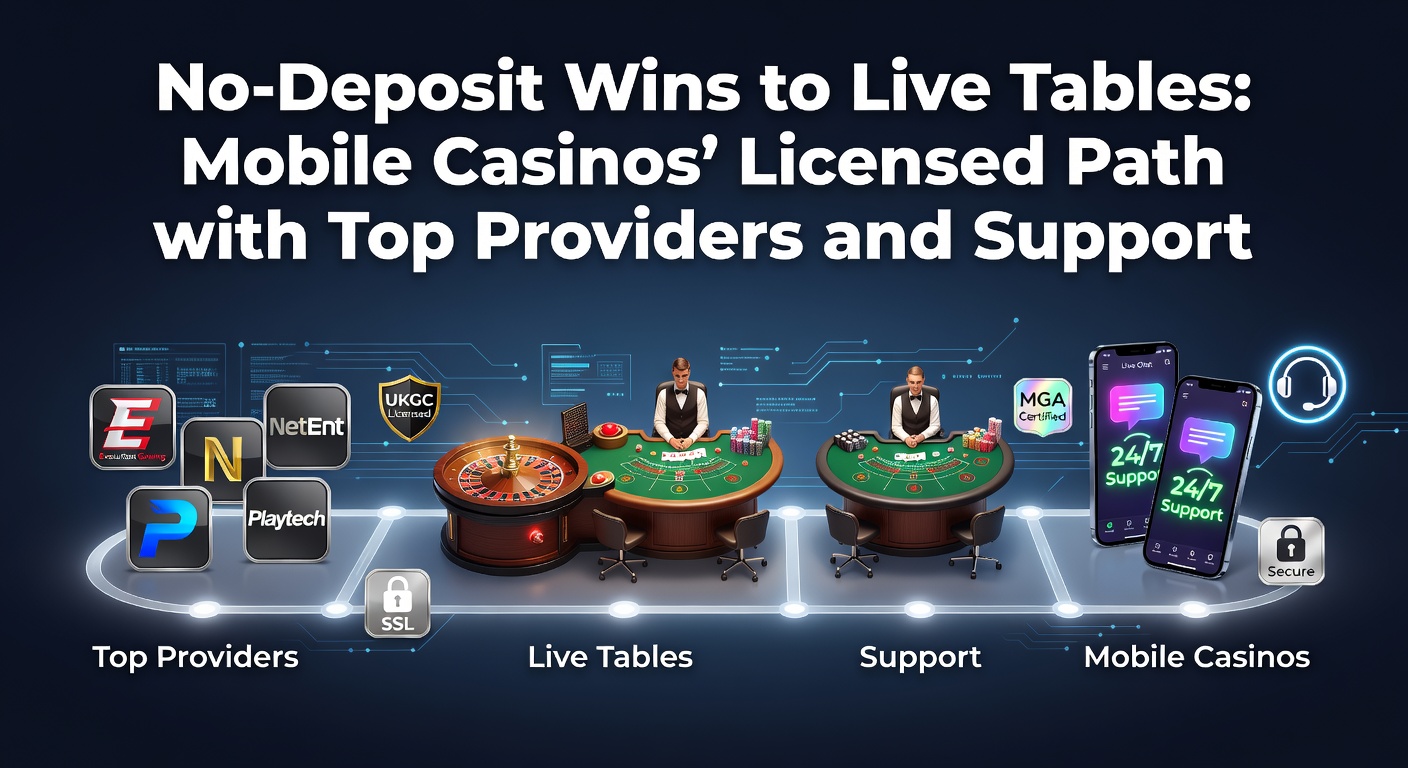 Smartphone mit mobilem Casino-App, das No-Deposit-Bonus und Live-Tisch-Spiele zeigt, umgeben von Lizenz-Symbolen und Provider-Logos