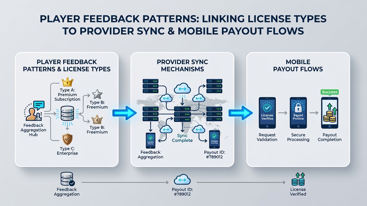 Illustration mobiler Auszahlungsprozesse und Synchronisationsmuster zwischen Lizenzen und Providern
