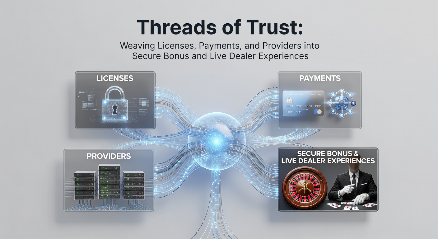 Verflochtene Elemente von Lizenzen, Zahlungen und Providern, die ein sicheres Casino-Netz bilden, mit Fokus auf Live-Dealer-Tischen und Boni