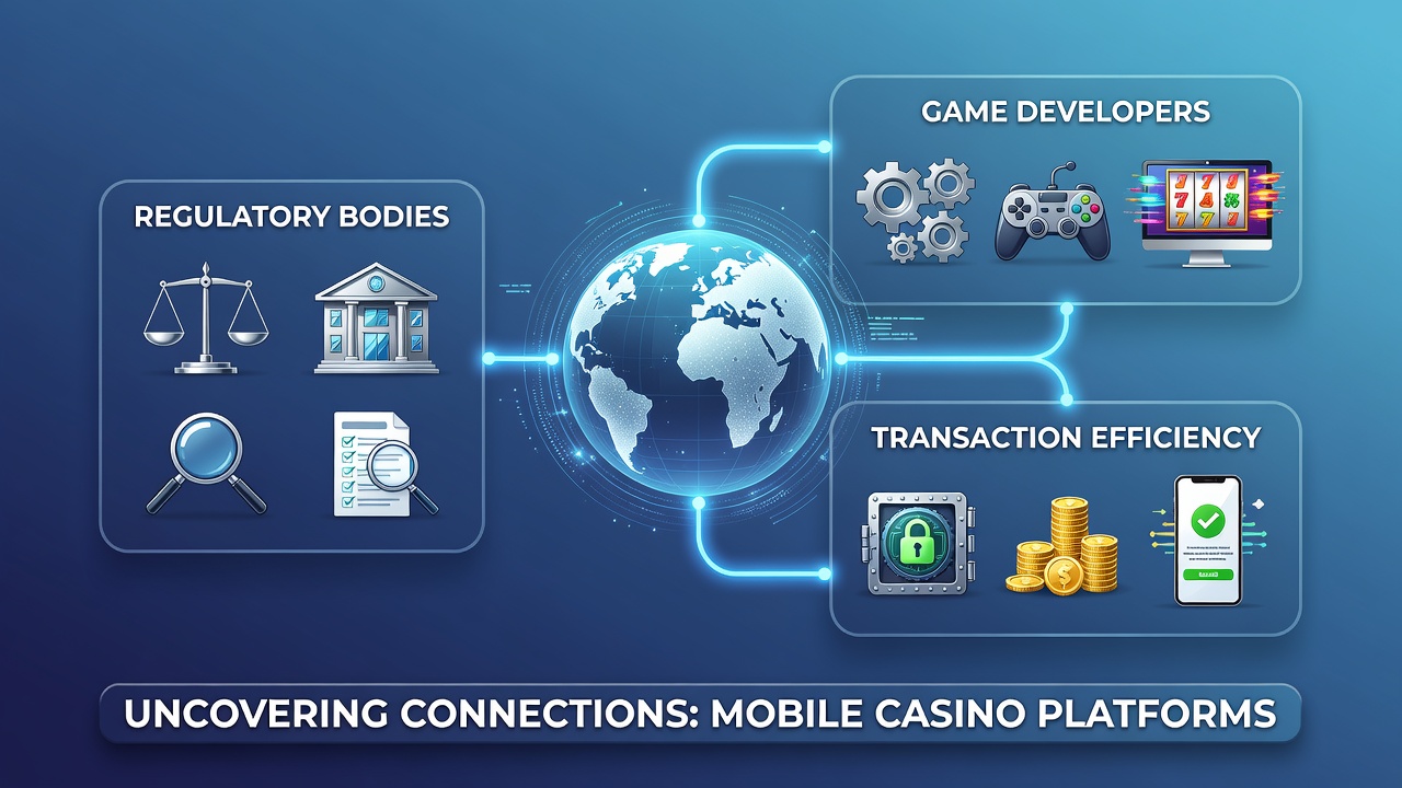 Illustration der Verbindungen zwischen Regulierungsbehörden, Spieleentwicklern und Transaktionseffizienz in mobilen Casinos