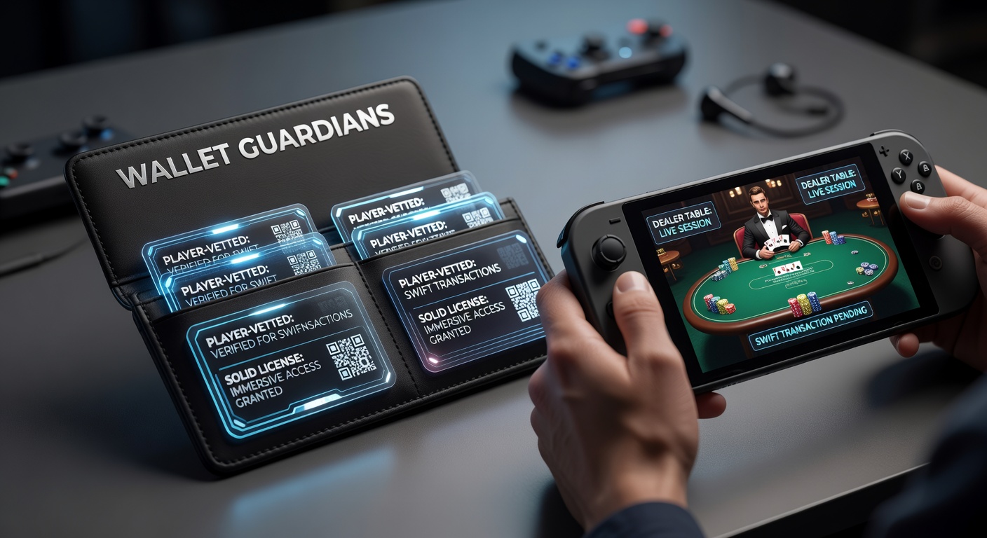 Spieler testen Wallet-Optionen auf mobilen Geräten mit Live-Dealer-Tischen im Hintergrund, symbolisierend Sicherheit und Geschwindigkeit in Online-Casinos